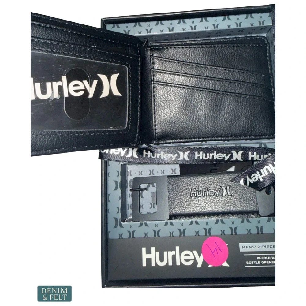 NEW Hurley RFID Bifold Wallet & Bottle Opener Keychain Gift Set Black‎